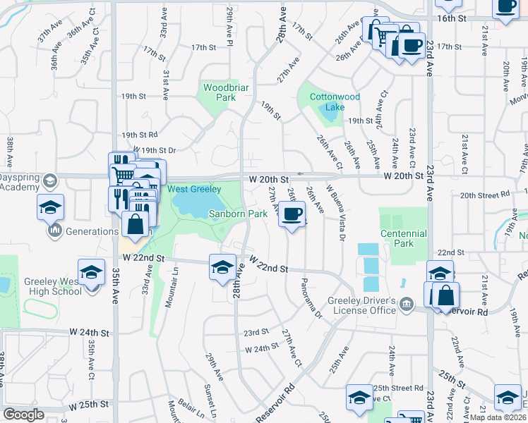 map of restaurants, bars, coffee shops, grocery stores, and more near 2044 27th Avenue Court in Greeley