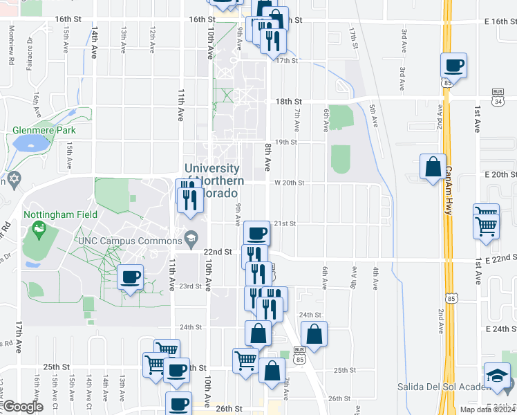 map of restaurants, bars, coffee shops, grocery stores, and more near 2010 U.S. 85 Business in Greeley