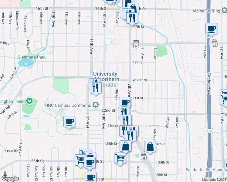 map of restaurants, bars, coffee shops, grocery stores, and more near 928 20th Street in Greeley