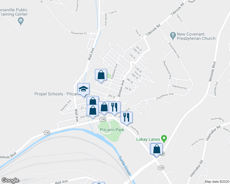 map of restaurants, bars, coffee shops, grocery stores, and more near 647 7th Street in Pitcairn