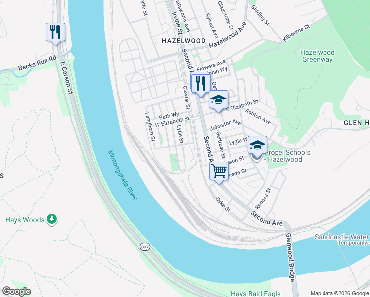 map of restaurants, bars, coffee shops, grocery stores, and more near in Pittsburgh