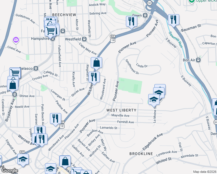map of restaurants, bars, coffee shops, grocery stores, and more near 1807 Plainview Avenue in Pittsburgh