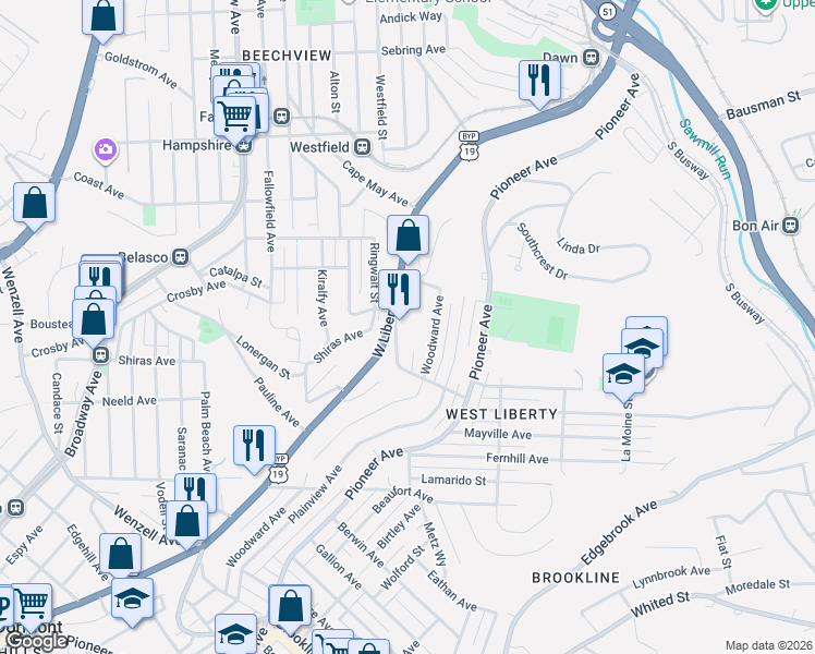 map of restaurants, bars, coffee shops, grocery stores, and more near 1820 Woodward Avenue in Pittsburgh
