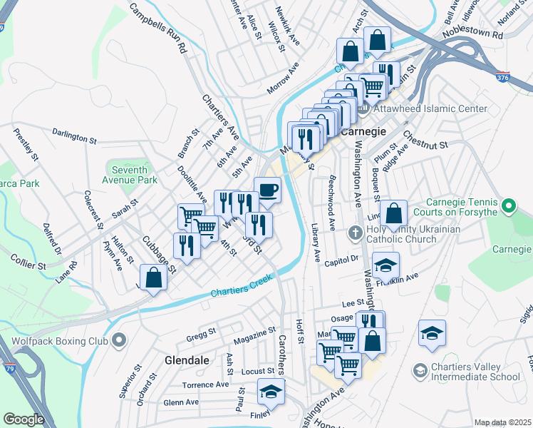 map of restaurants, bars, coffee shops, grocery stores, and more near 101 West Main Street in Carnegie