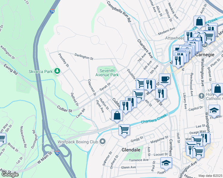 map of restaurants, bars, coffee shops, grocery stores, and more near 602 Sarah Street in Carnegie