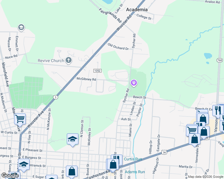 map of restaurants, bars, coffee shops, grocery stores, and more near 100 McGibney Road in Mount Vernon