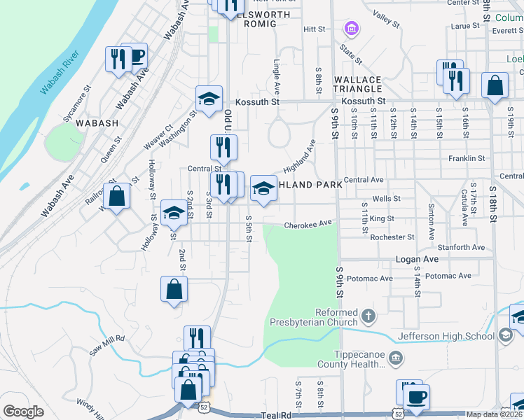 map of restaurants, bars, coffee shops, grocery stores, and more near 602 Owen Street in Lafayette