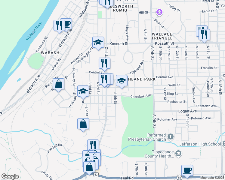 map of restaurants, bars, coffee shops, grocery stores, and more near 1116 South 5th Street in Lafayette