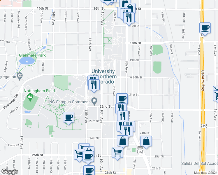 map of restaurants, bars, coffee shops, grocery stores, and more near 2031 9th Avenue in Greeley