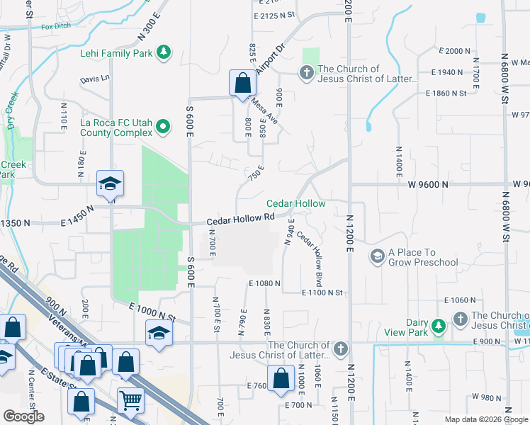 map of restaurants, bars, coffee shops, grocery stores, and more near 848 East 1475 North in Lehi