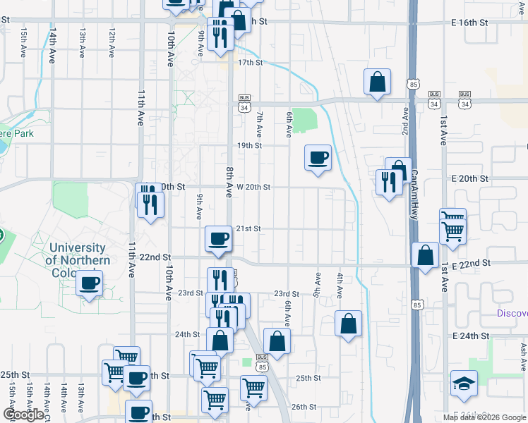 map of restaurants, bars, coffee shops, grocery stores, and more near 2028 7th Avenue in Greeley