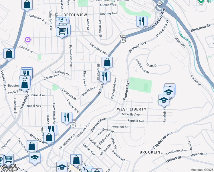 map of restaurants, bars, coffee shops, grocery stores, and more near 1820 Woodward Avenue in Pittsburgh