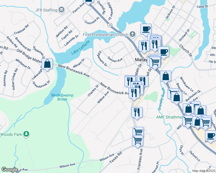 map of restaurants, bars, coffee shops, grocery stores, and more near 21 New Brunswick Avenue in Matawan