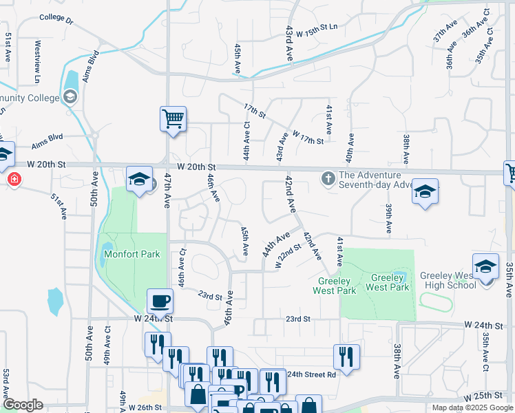 map of restaurants, bars, coffee shops, grocery stores, and more near 2023 44th Avenue in Greeley