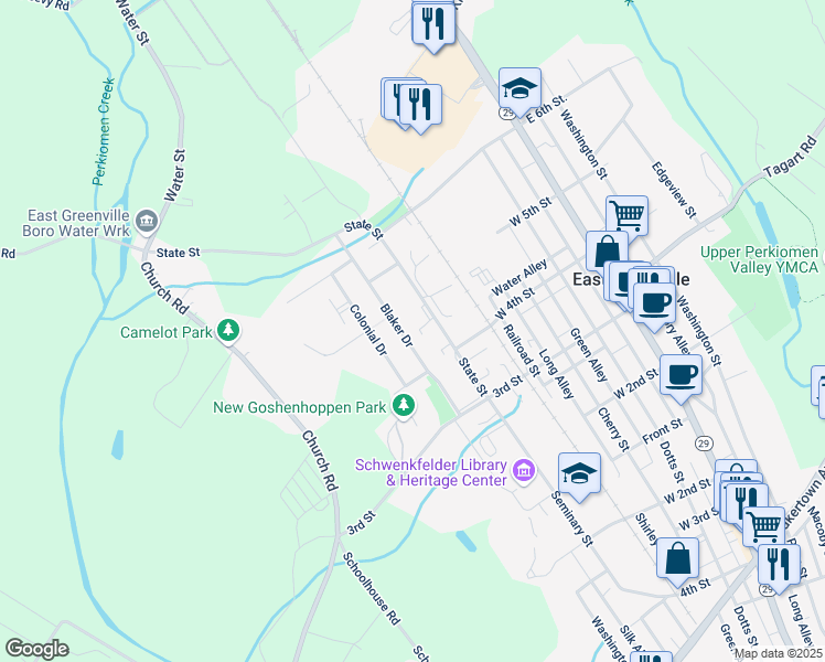 map of restaurants, bars, coffee shops, grocery stores, and more near 448 A State Street in East Greenville