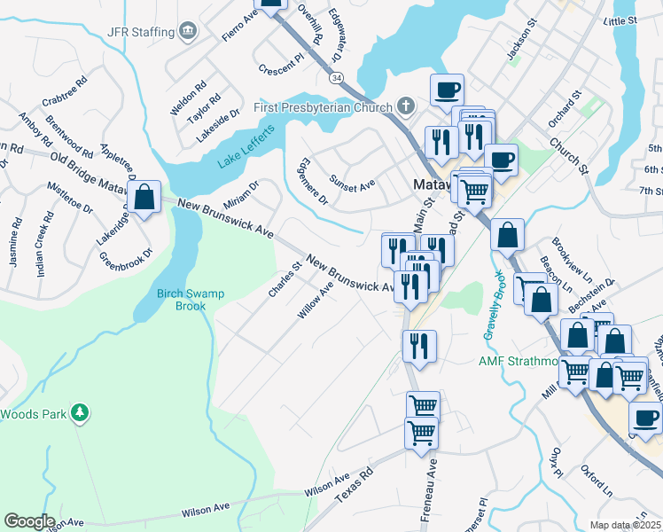 map of restaurants, bars, coffee shops, grocery stores, and more near 21 New Brunswick Avenue in Matawan