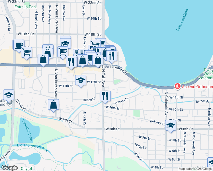 map of restaurants, bars, coffee shops, grocery stores, and more near 1375 Taft Court in Loveland