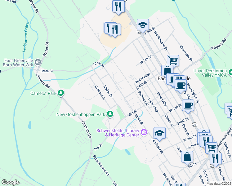 map of restaurants, bars, coffee shops, grocery stores, and more near 424 State Street in East Greenville