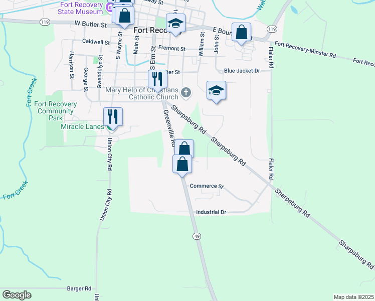 map of restaurants, bars, coffee shops, grocery stores, and more near 1808 Ohio 49 in Fort Recovery