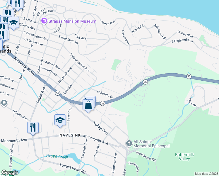 map of restaurants, bars, coffee shops, grocery stores, and more near 59 Thousand Oaks Drive in Atlantic Highlands