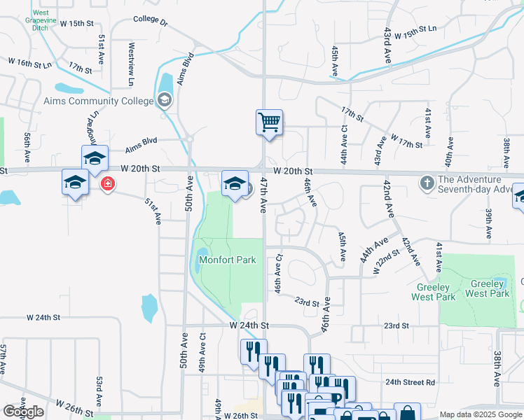 map of restaurants, bars, coffee shops, grocery stores, and more near 2101 47th Avenue in Greeley