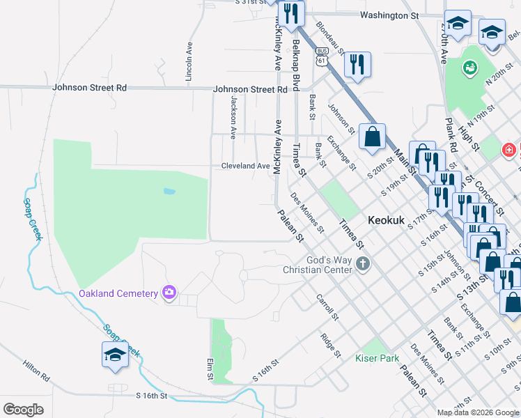 map of restaurants, bars, coffee shops, grocery stores, and more near 618 Coolidge Avenue in Keokuk