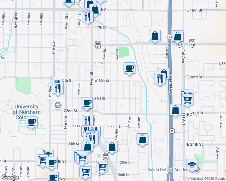 map of restaurants, bars, coffee shops, grocery stores, and more near 2015 6th Avenue in Greeley