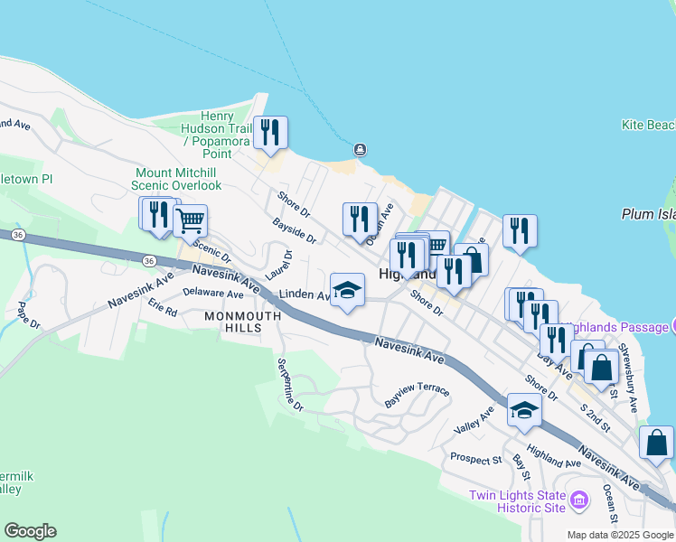 map of restaurants, bars, coffee shops, grocery stores, and more near 7 William Street in Highlands