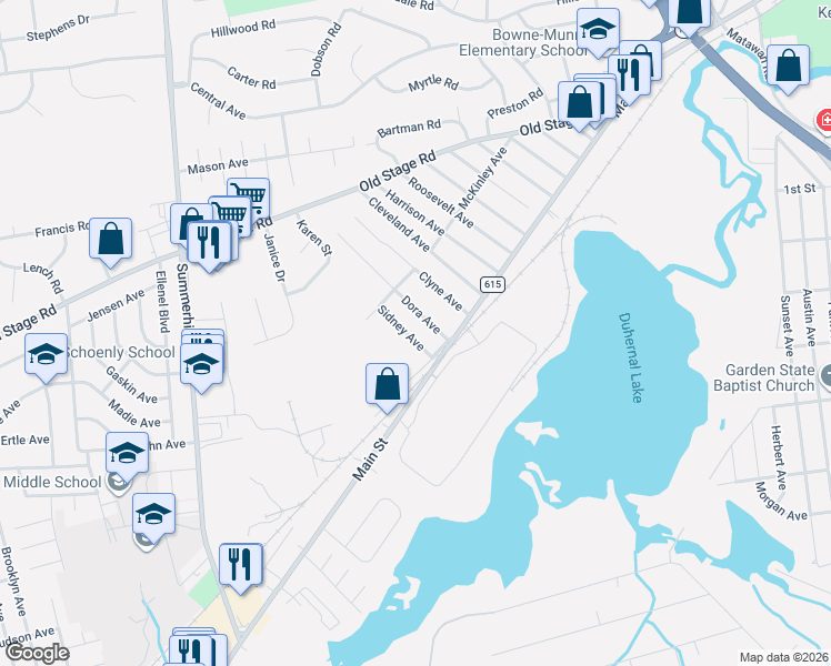 map of restaurants, bars, coffee shops, grocery stores, and more near 50 Sidney Avenue in Spotswood