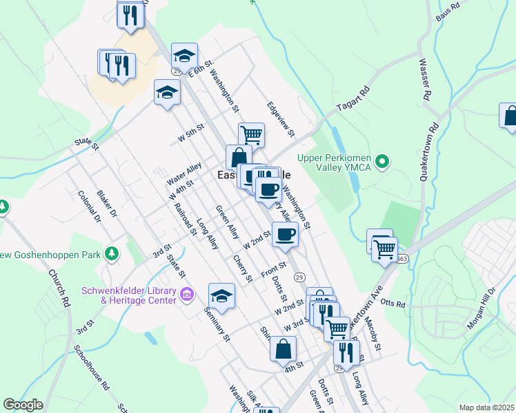 map of restaurants, bars, coffee shops, grocery stores, and more near 241 Main Street in East Greenville