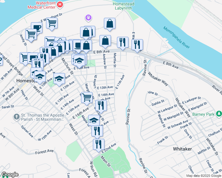 map of restaurants, bars, coffee shops, grocery stores, and more near 701 East 13th Avenue in Munhall