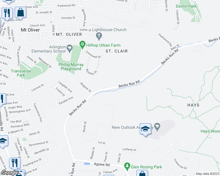 map of restaurants, bars, coffee shops, grocery stores, and more near 578-598 Becks Run Rd in Pittsburgh