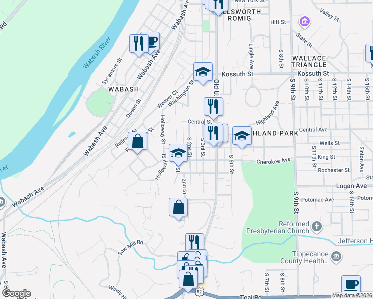 map of restaurants, bars, coffee shops, grocery stores, and more near 1119 South 2nd Street in Lafayette