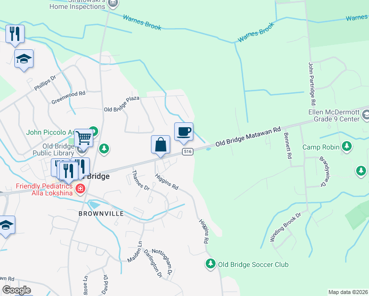 map of restaurants, bars, coffee shops, grocery stores, and more near 3996 County Road 516 in Matawan