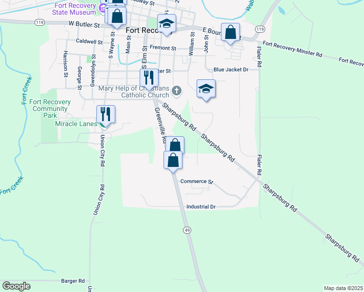 map of restaurants, bars, coffee shops, grocery stores, and more near 1808 Ohio 49 in Fort Recovery