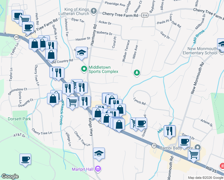 map of restaurants, bars, coffee shops, grocery stores, and more near 205 Harmony Road in Middletown Township