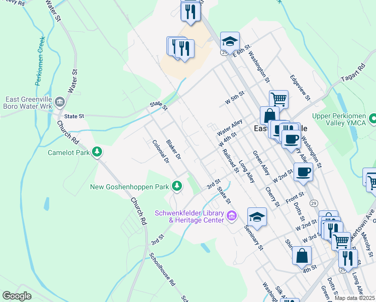 map of restaurants, bars, coffee shops, grocery stores, and more near 424 State Street in East Greenville