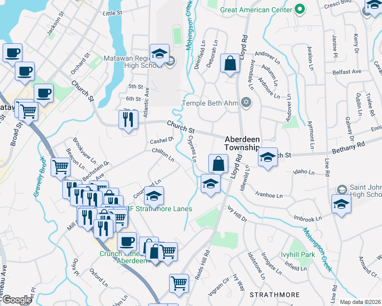 map of restaurants, bars, coffee shops, grocery stores, and more near 28 Cypress Lane in Aberdeen Township