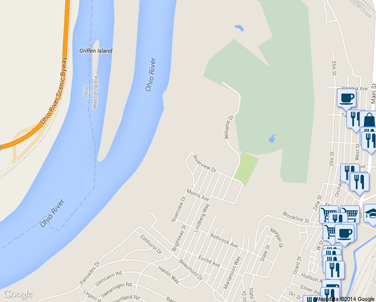 map of restaurants, bars, coffee shops, grocery stores, and more near 3509 Riverview Drive in Weirton