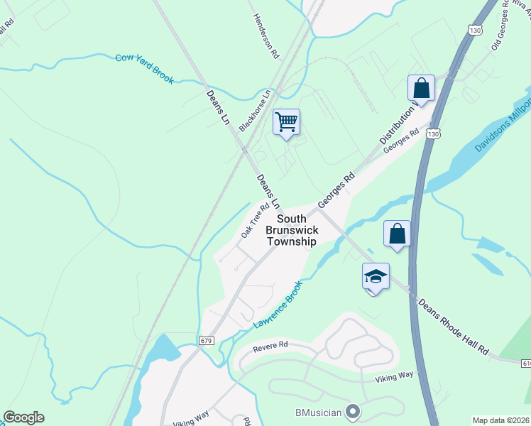 map of restaurants, bars, coffee shops, grocery stores, and more near 2 Oak Tree Road in South Brunswick Township