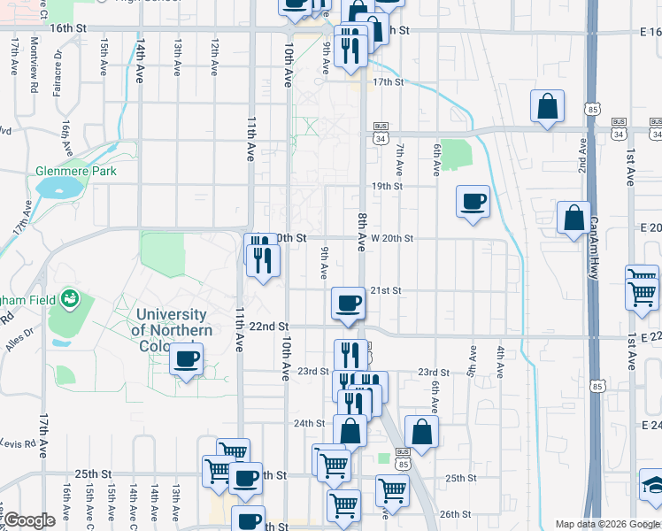 map of restaurants, bars, coffee shops, grocery stores, and more near 2026 9th Avenue in Greeley