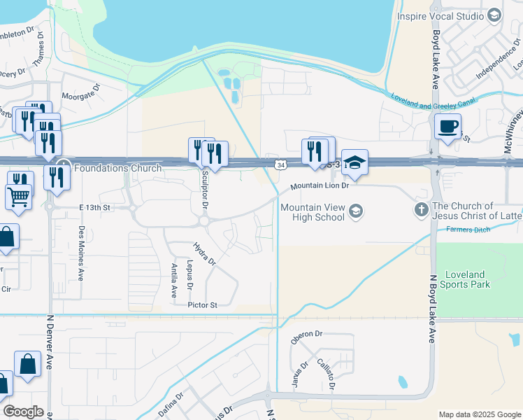 map of restaurants, bars, coffee shops, grocery stores, and more near 3060 Mountain Lion Drive in Loveland
