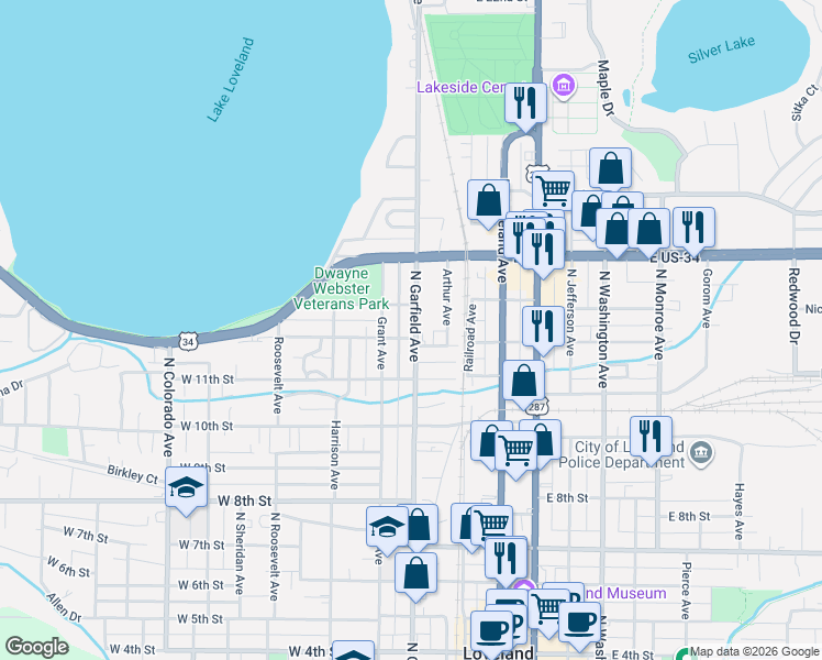 map of restaurants, bars, coffee shops, grocery stores, and more near 1215 North Garfield Avenue in Loveland