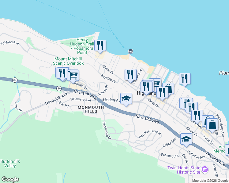 map of restaurants, bars, coffee shops, grocery stores, and more near 7 William Street in Highlands