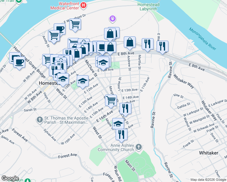map of restaurants, bars, coffee shops, grocery stores, and more near 500 East 12th Avenue in Munhall