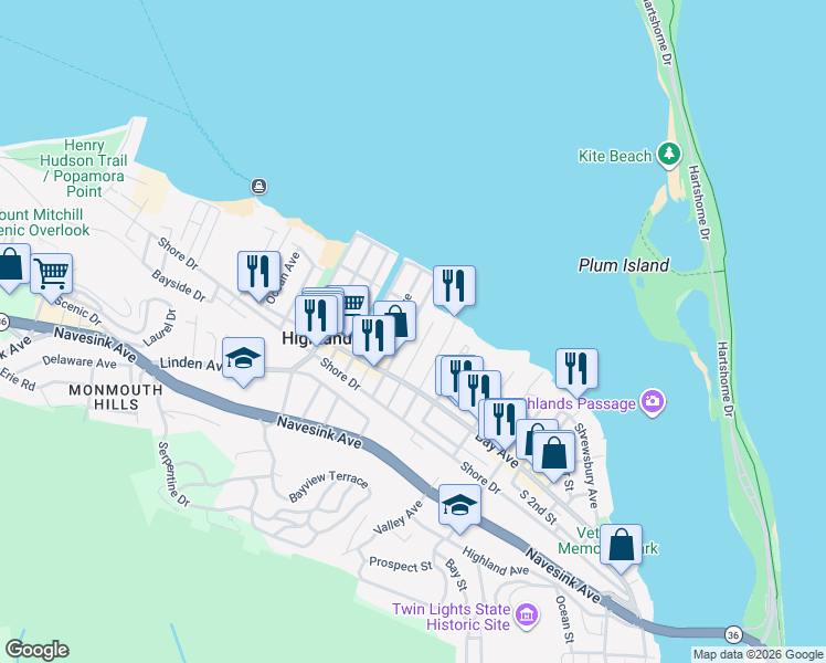 map of restaurants, bars, coffee shops, grocery stores, and more near 30 Sea Drift Avenue in Highlands