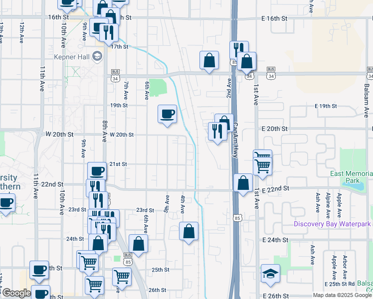 map of restaurants, bars, coffee shops, grocery stores, and more near 15 West Service Road in Greeley