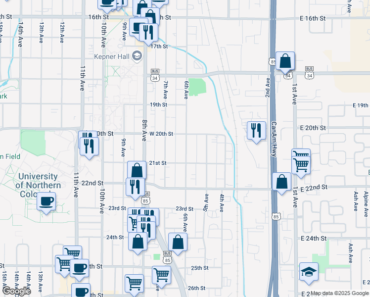 map of restaurants, bars, coffee shops, grocery stores, and more near 2015 6th Avenue in Greeley