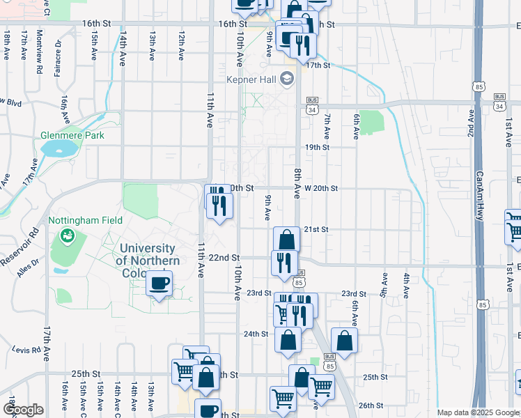 map of restaurants, bars, coffee shops, grocery stores, and more near 928 20th Street in Greeley