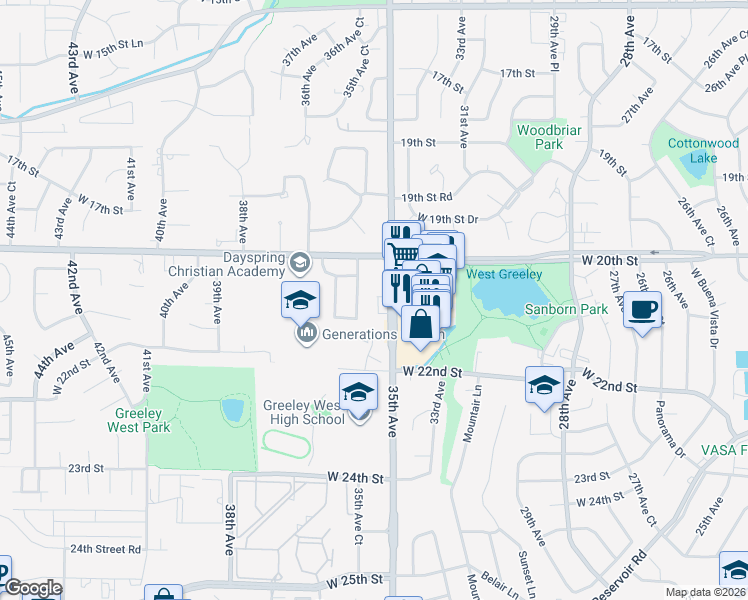 map of restaurants, bars, coffee shops, grocery stores, and more near 2058 35th Avenue Court in Greeley